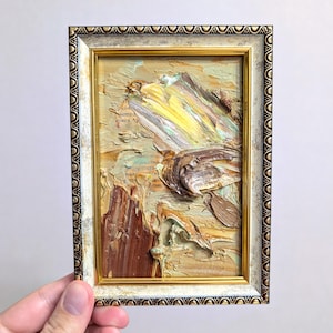 Arte abstracto verde pálido, pinceladas gruesas, textura de espátula, pintura al óleo masiva, pintura enmarcada de 6 x 4 pulgadas, arte de empaste, regalo para él