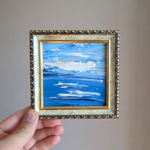 Pintura azul claro del mar, arte enmarcado de 4x4, pintura al óleo original del Pacífico de verano de California, cuadrado pequeño, paisaje al aire libre, paisaje de San Diego