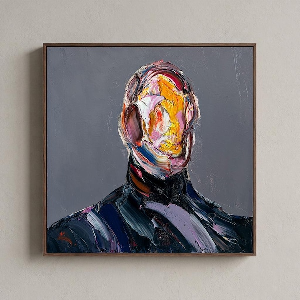 Abstract Man Portrait 16x16" Oil Painting: Male Figure Textured Dark Surreal Artwork On Canvas
