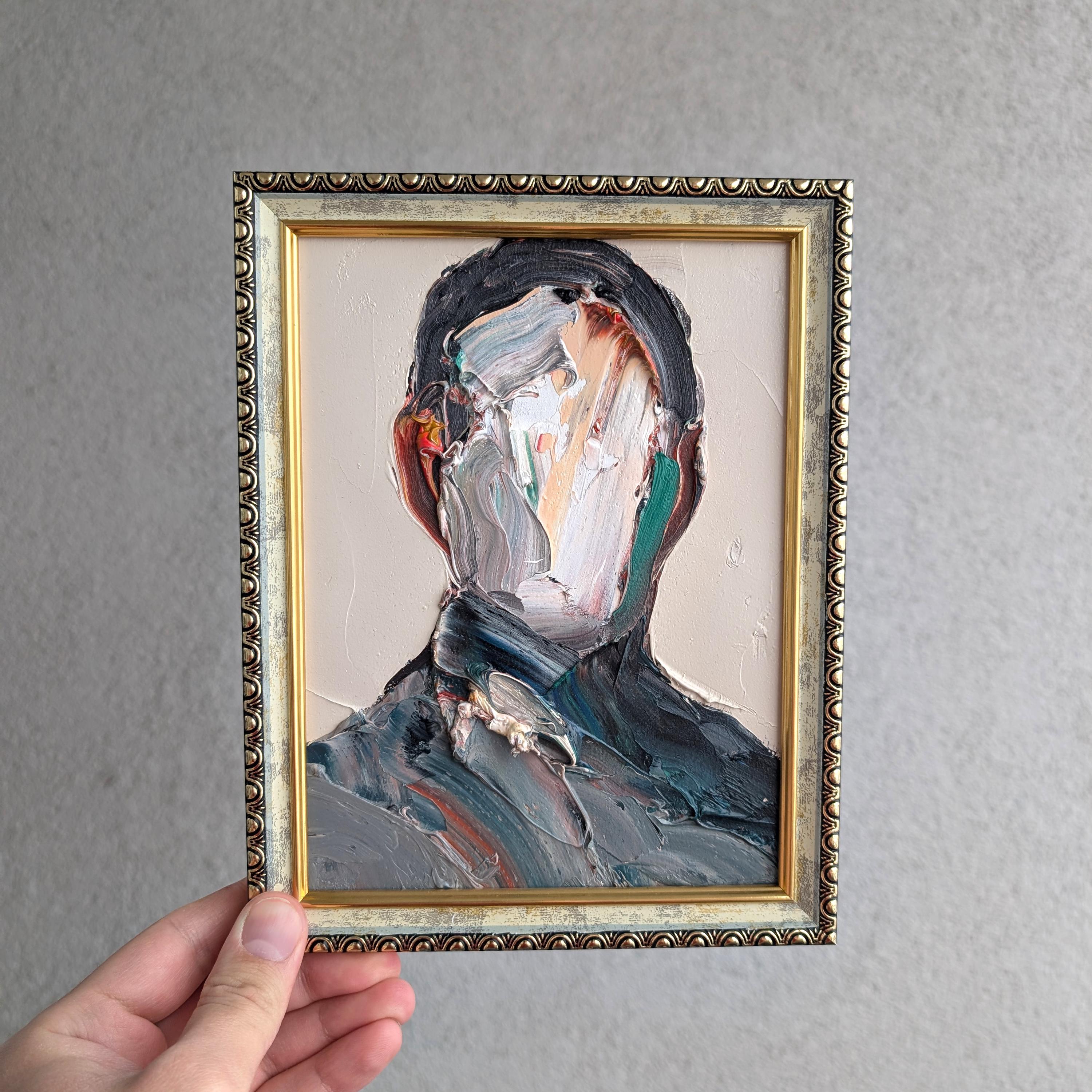 Abstract Figurative Oil Painting Pink Yellow Impasto Portrait