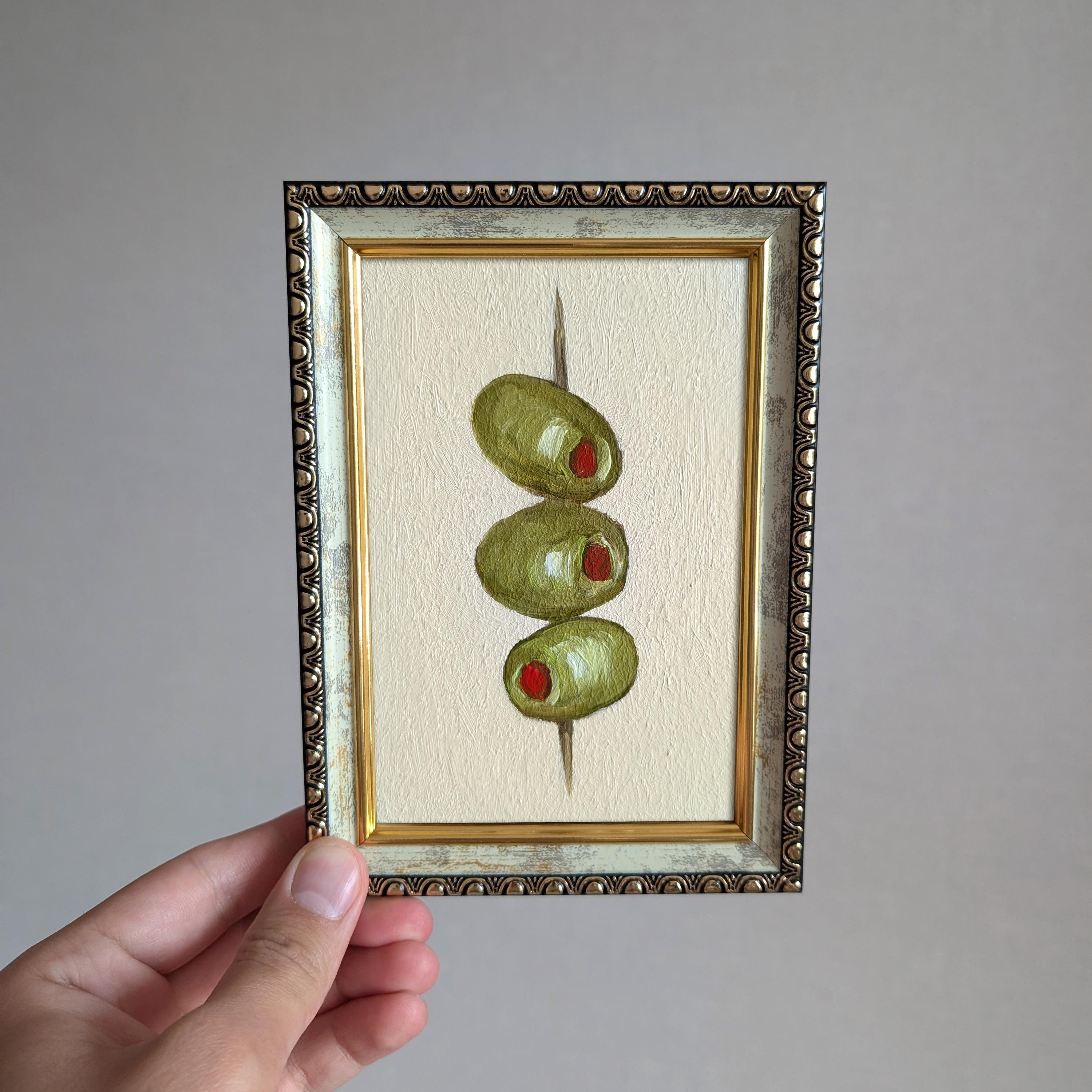 Olives Painting Cocktail Art Kitchen Wall Art Dirty Martini Olive Alcohol Drink Home Bar Decor Bartender Gift Framed Original Oil Painting