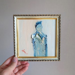 Retrato abstracto en miniatura de 6 x 6 enmarcado, pintura al óleo moderna, obra de arte surrealista sobre cartón, silueta en estilo abstracto, fondo beige, pequeño