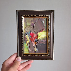 Pintura al óleo abstracta pequeña de 4x6, arte original enmarcado verde, obra de arte contemporánea, arte original, pequeña pintura abstracta expresionista en marco