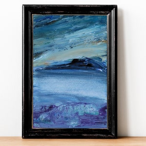 Pequena arte de parede azul-marinho, arte abstrata, arte do Alasca, paisagem de inverno, montanha gelada, arte fria, pequena pintura abstrata, arte de parede azul