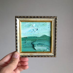 Cyan Abstract Landscape Blue Original Oil Painting Small Minimalist Art Modern Wall Decor Tiny Square Landscape Green Wall Decor 4x6&quot; Art