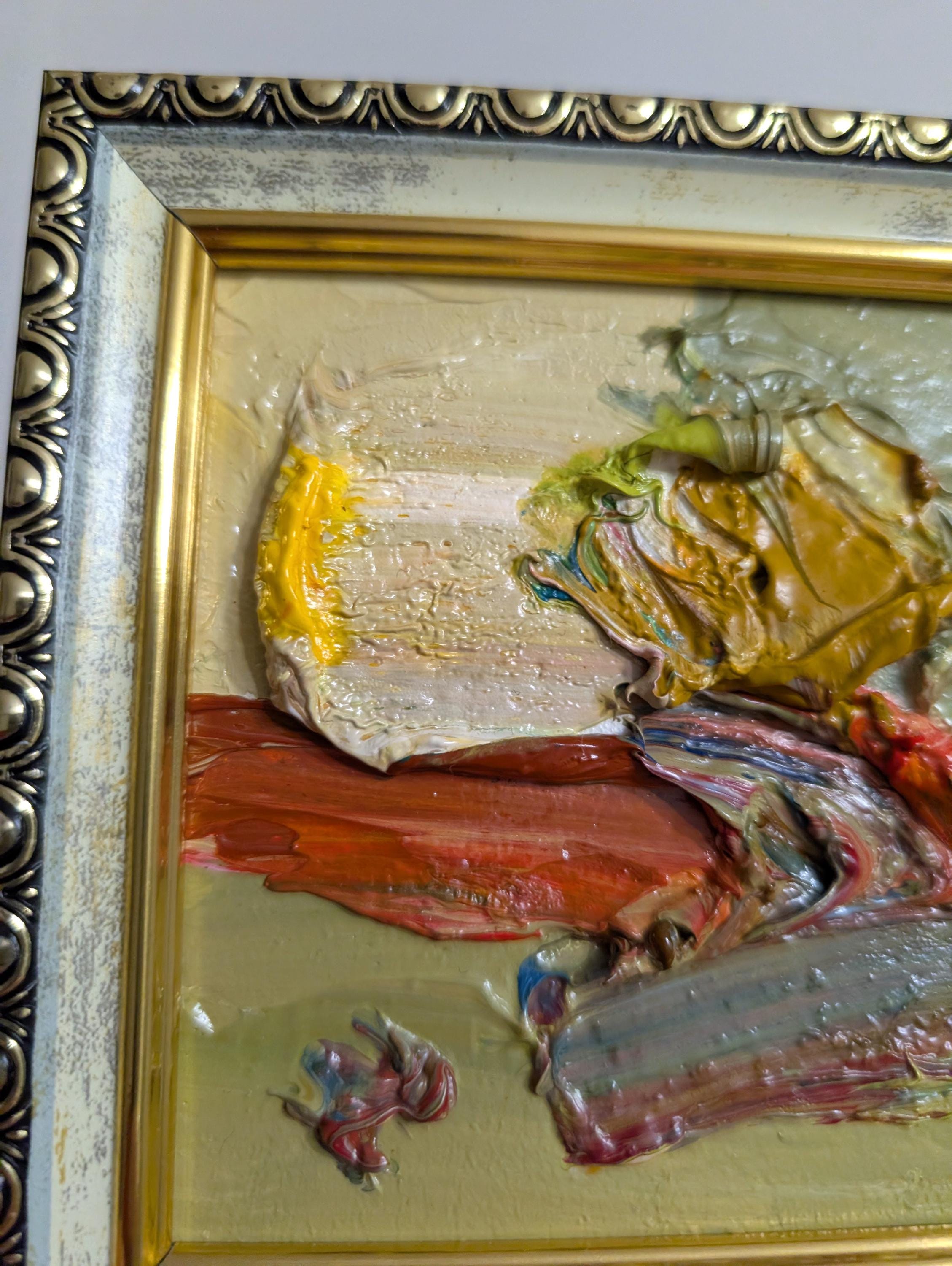 額入りグリーンナチュラルトーン抽象油絵テクスチャ：小型表現主義