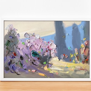 Tuscany Painting Italy Landscape Original Oil On Canvas Purple Bushes Blooming Trees Impressionist Art Bright & Colorful Wall Art 12x8 inch