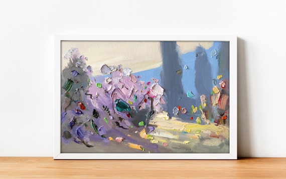 トスカーナ風景油絵：紫の茂み、イタリア印象派美術（12 x 8インチ