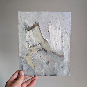 Pintura al óleo abstracta de colores neutros, gris, 8 x 10, arte minimalista, arte moderno, luz, contemporáneo, original, arte de pared apagado, decoración minimalista de cartón