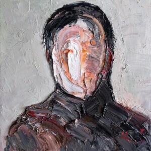 Surreal Portrait Man 12x12&quot; Impasto Artwork Abstract Face Art Oil Painting Canvas Original Wall Art Textured Surreal Male Black and Gray