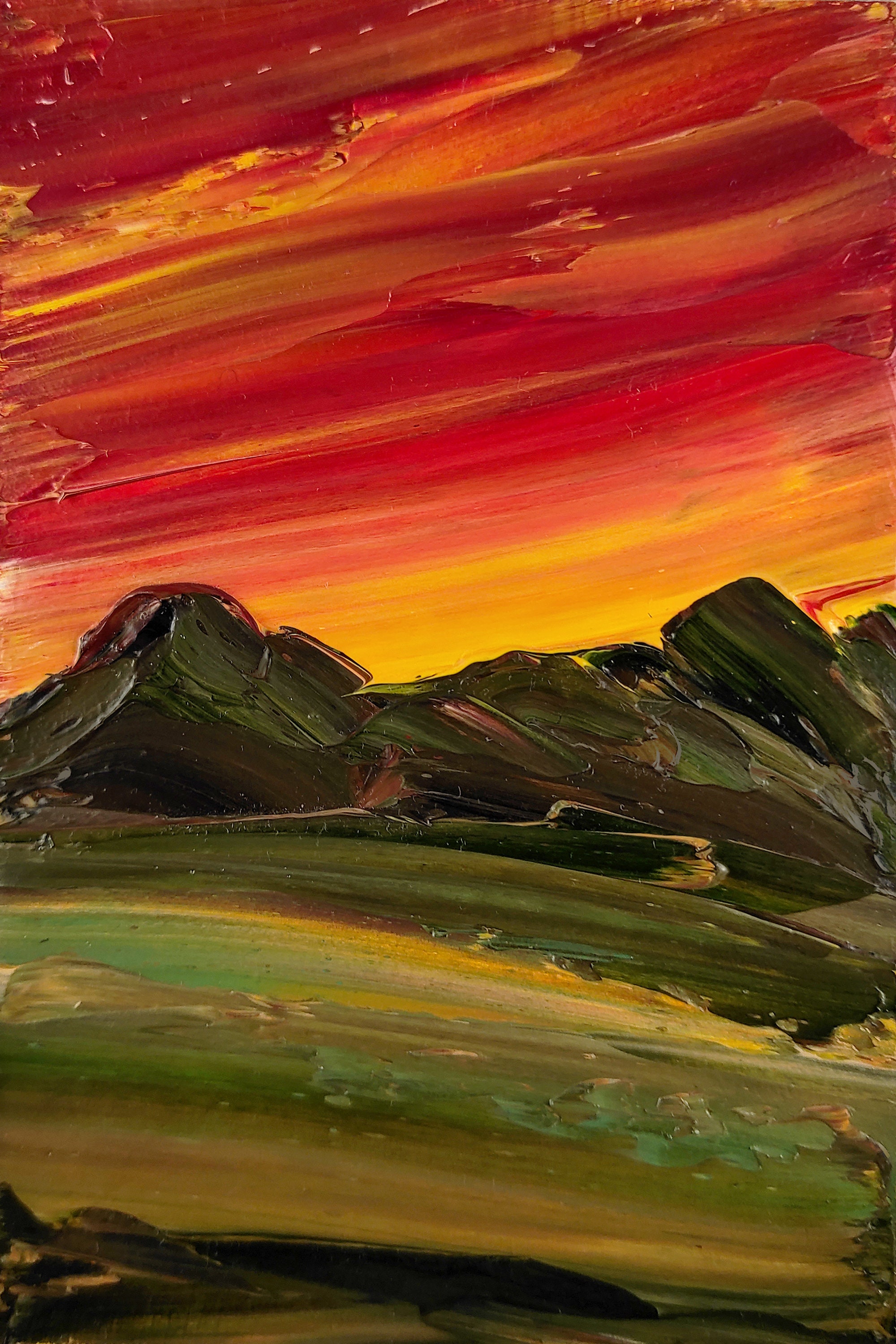 Red Sunset Original Art 4x6 Inch Oil Painting Mountain West