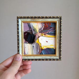 Arte original diminuto de 4 x 4 pulgadas, pintura al óleo enmarcada, obra de arte cuadrada pequeña, arte abstracto en miniatura para pared, decoración de pared enmarcada, regalo compacto