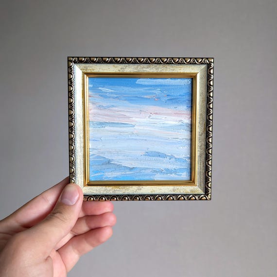 Sea Landscape Cold Muted Colors Minimalist Blue White Original Oil Painting In Frame 4x4
