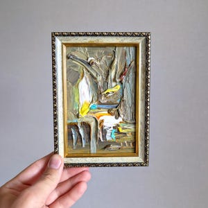 Arte abstracto verde oliva, arte original ecléctico, pintura al óleo salvia de 6 x 4 pulgadas, obra de arte contemporánea de colores mixtos enmarcada, arte diminuto y vibrante en marco