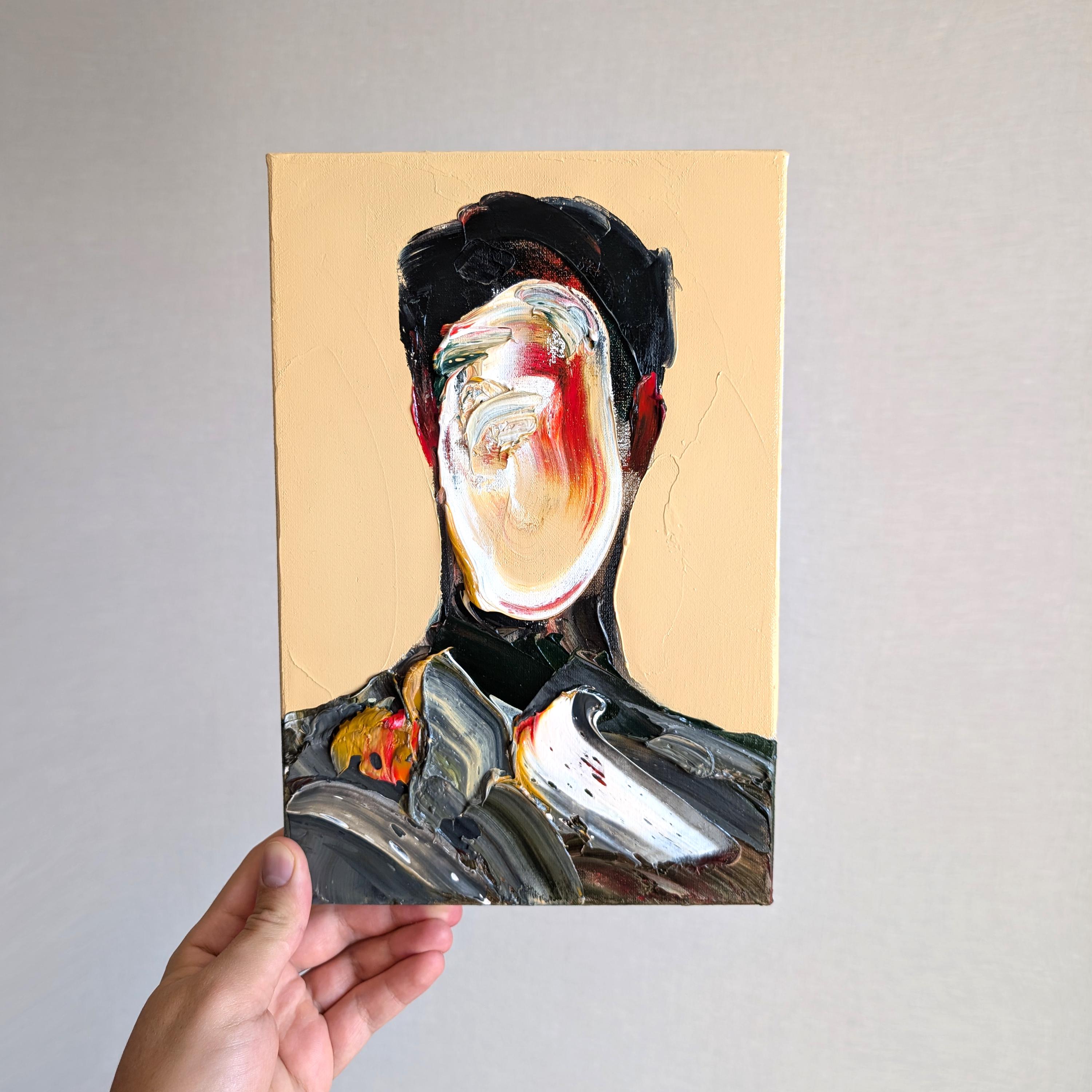 Abstract Male Portrait Oil Painting: Beige No Face Art, 8x12