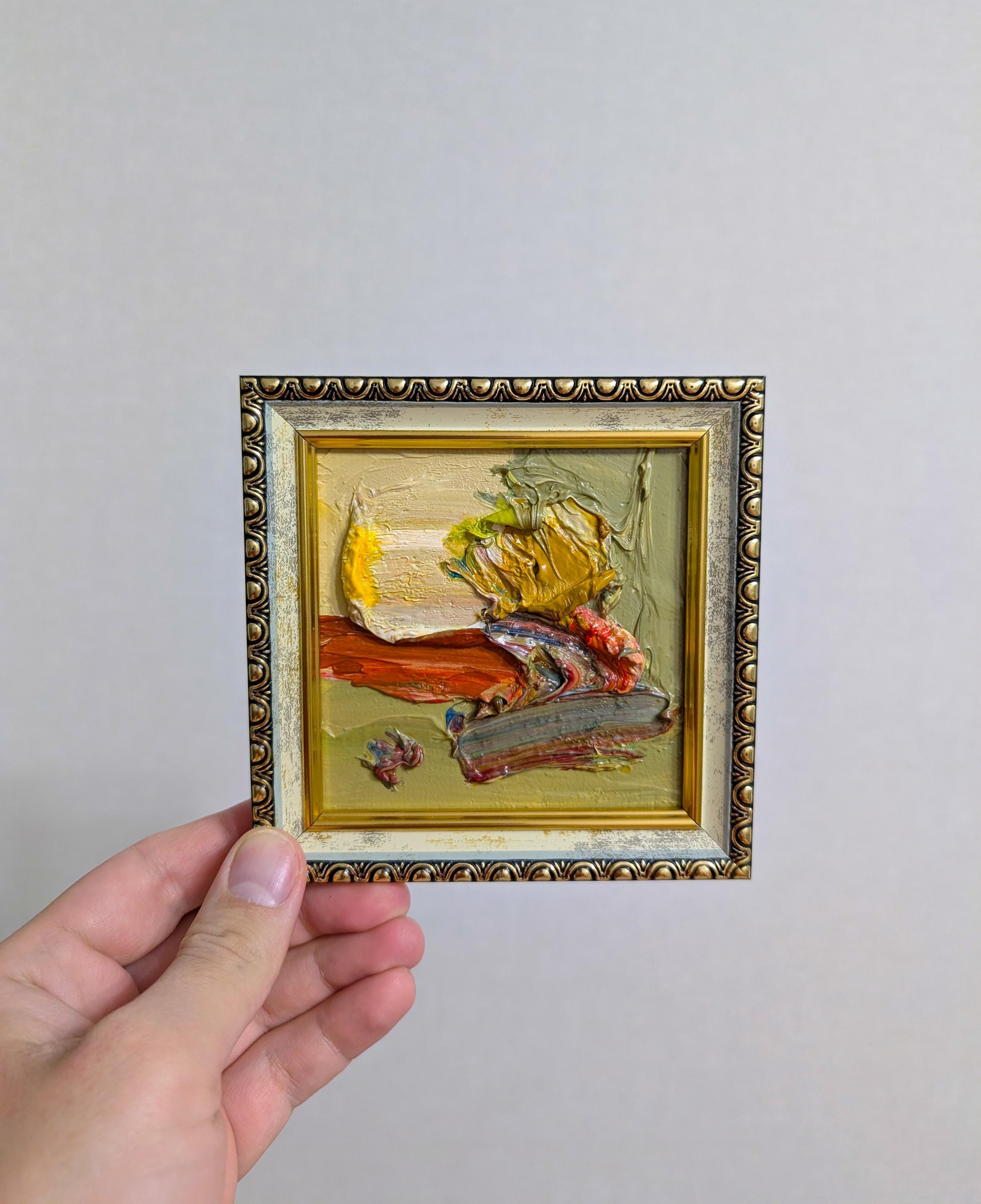 額入りグリーンナチュラルトーン抽象油絵テクスチャ：小型表現主義