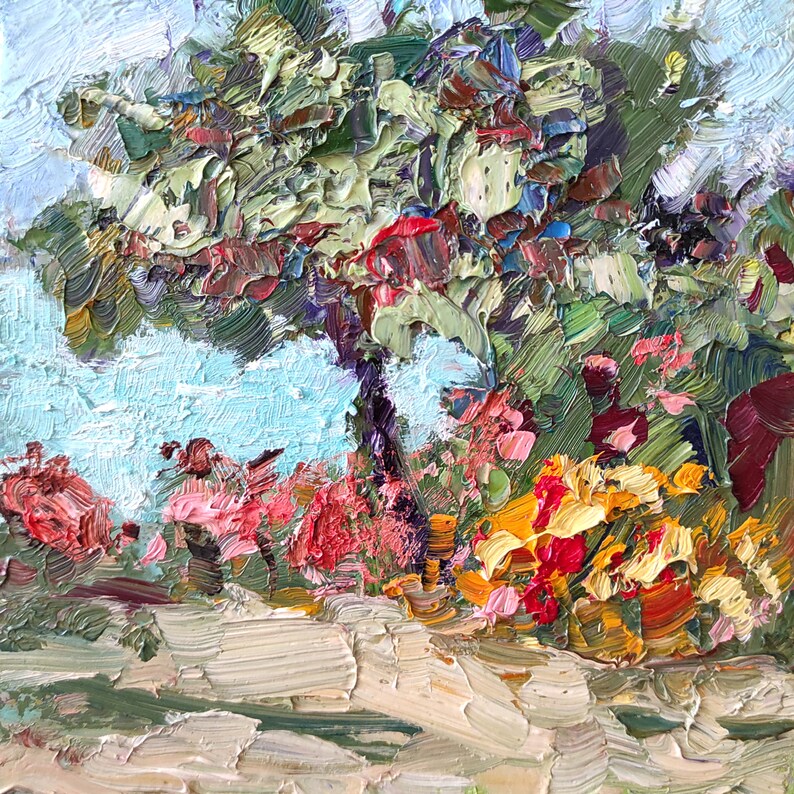 Flowers Tuscany Abstract Oil Painting Wall Art Unframed Cardboard Red Flower Square Painting Italy Provance Landscape Small Artwork Blue Sky