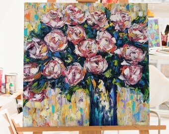 バラの油絵：抽象的な花のアート、色彩豊かな印象派の作品（16x16