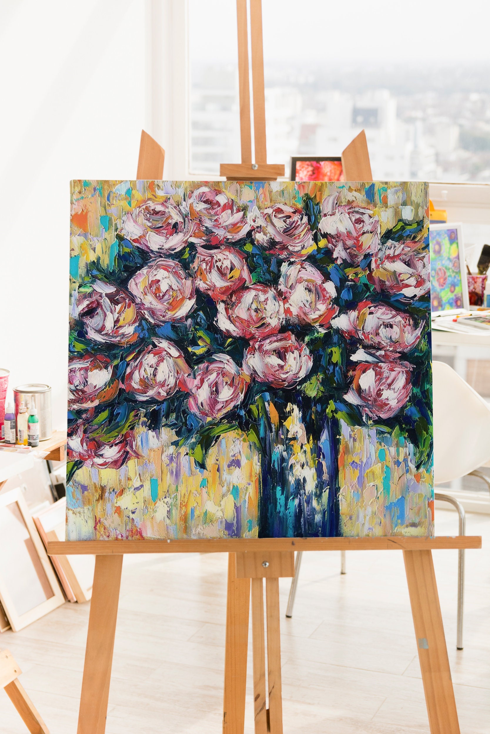 バラの油絵：抽象的な花のアート、色彩豊かな印象派の作品（16x16