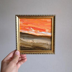 Pintura de paisagem abstrata original – Arte de parede em miniatura com pôr do sol, pequena pintura a óleo texturizada, tons de terra e céu laranja, decoração de parede desértica