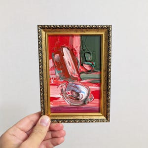 Small Red Abstract Oil Painting Textured Framed Pink Wall Art Mini Modern Artwork Housewarming Gift Expressionist Decor Original Fine Art