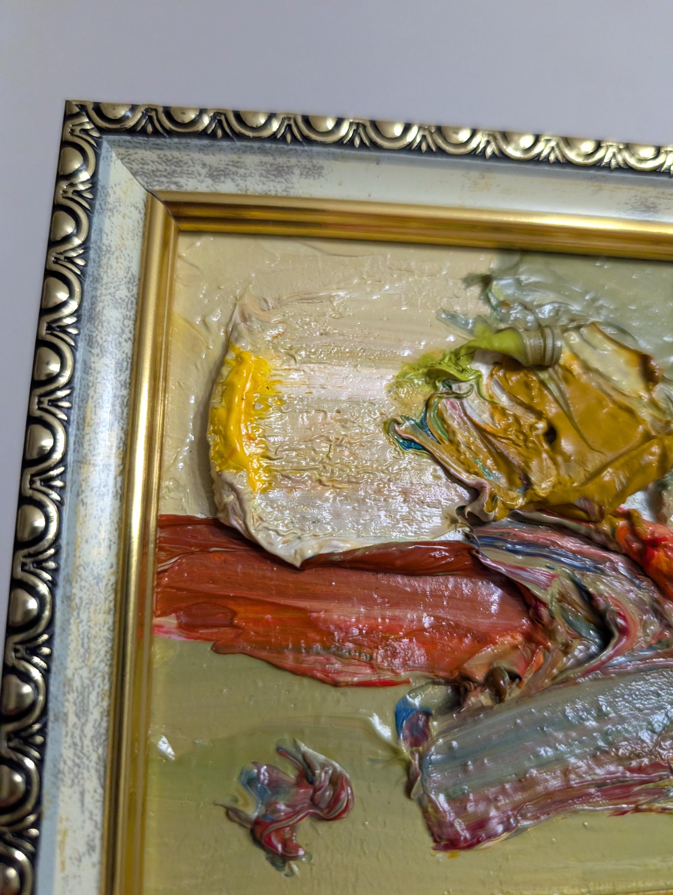 抽象油彩画 小型 額入りグリーンナチュラルトーン抽象油絵テクスチャ：小型表現主義