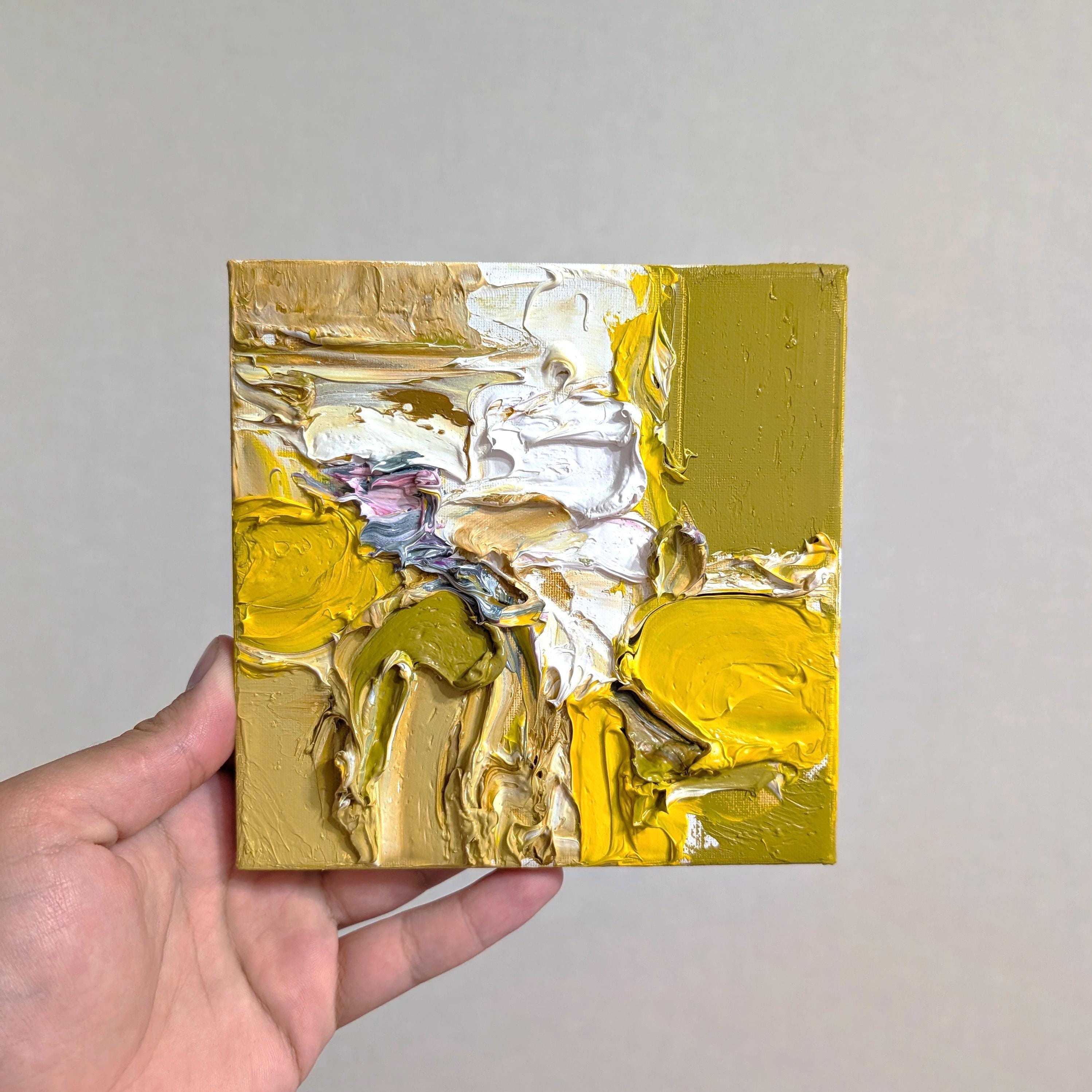 黄色の絵画 オリジナル油絵 白と黄色の色合い 壁アート 小さな