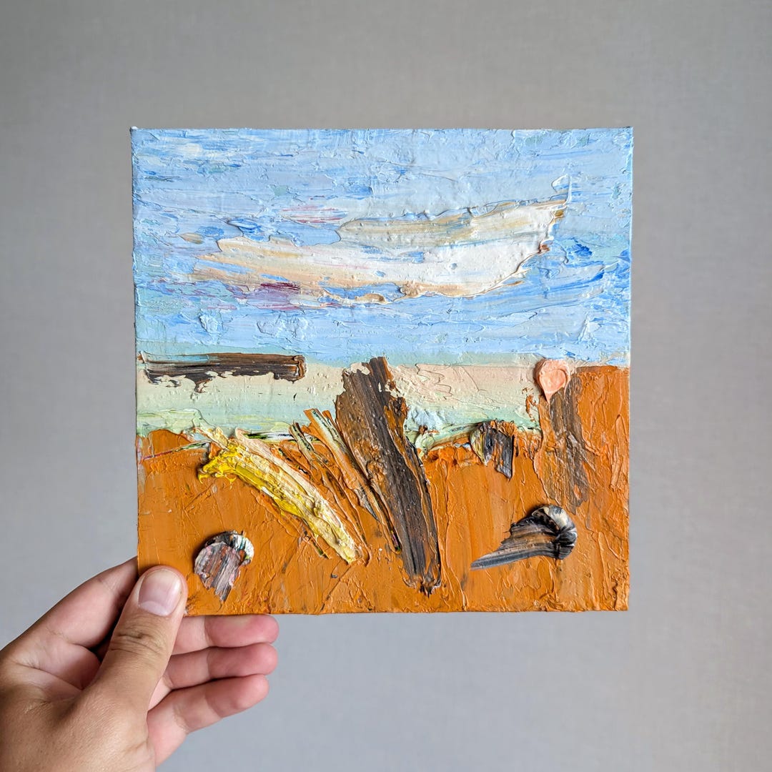 質感のある抽象油絵：オレンジと青の正方形の壁掛けアート - Etsy 日本
