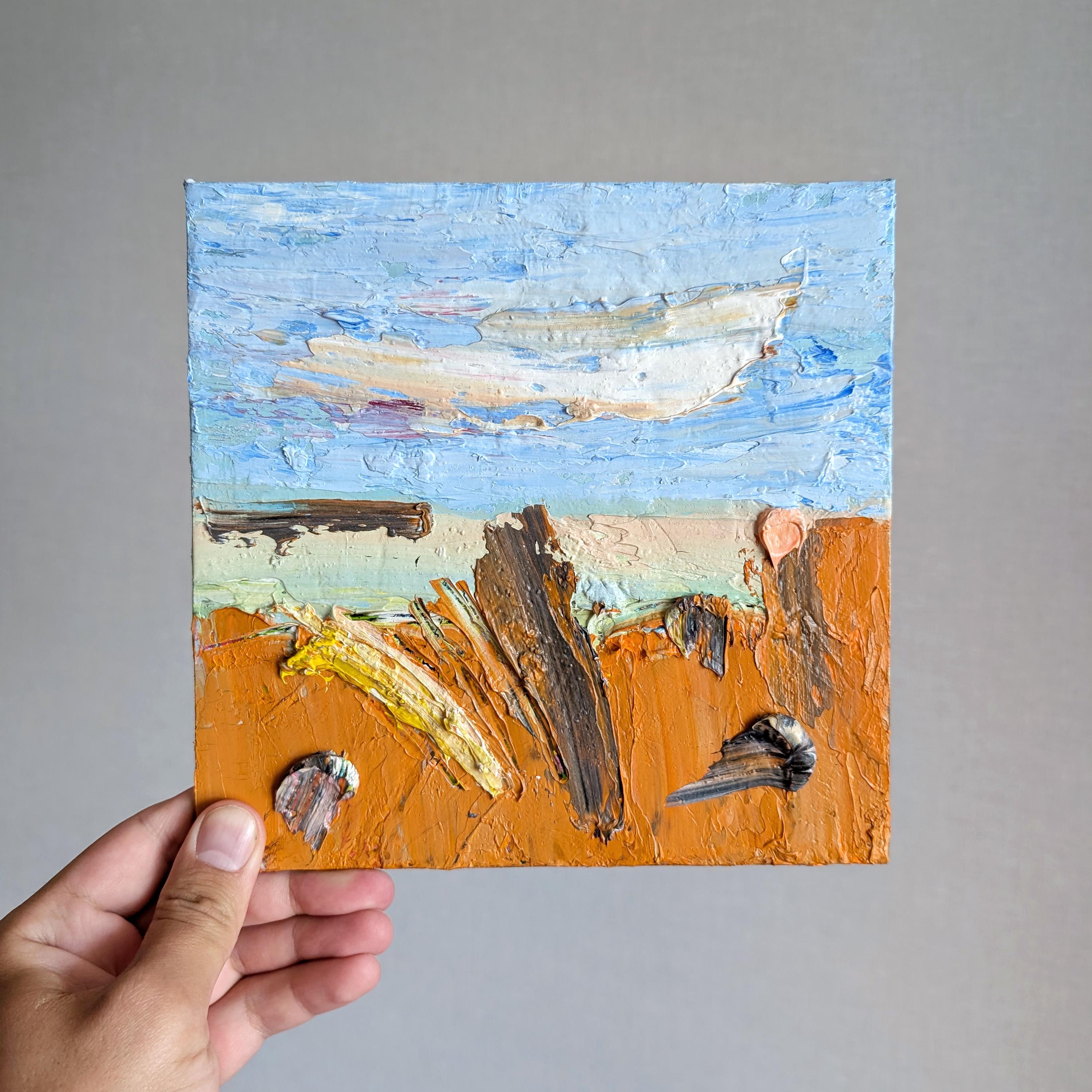 質感のある抽象油絵：オレンジと青の正方形の壁掛けアート - Etsy 日本