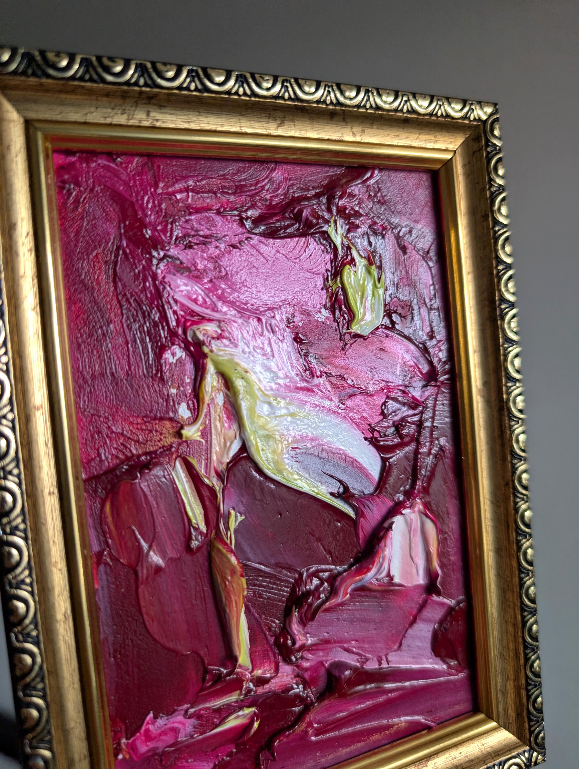 Textured Wine Red Oil Painting: Small Framed Abstract Impasto Art