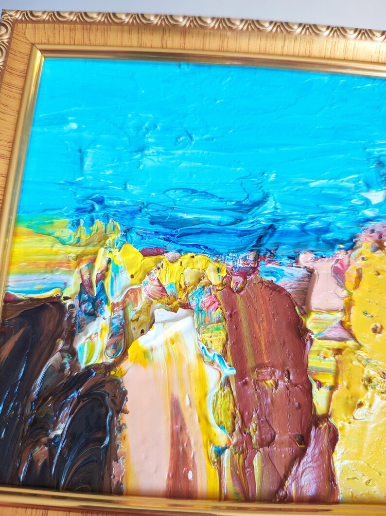 Framed 6x6 Abstract Painting Yellow Wall Art Blue Square Wall Decor