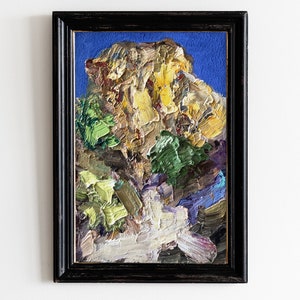 Pintura de paisagem de montanhas da Califórnia, 4 x 6 polegadas, pintura original de papelão, EUA, ao ar livre, rochas amarelas, paisagem abstrata por Alexander Konda