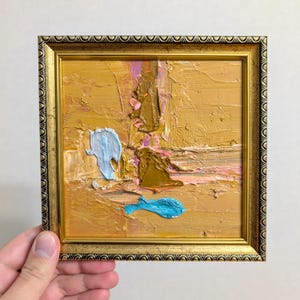 Pequena pintura a óleo abstrata quadrada em cores amarelas decoração de parede minimalista 6" por 6" em papelão presente emoldurado para amante da arte pequena obra de arte