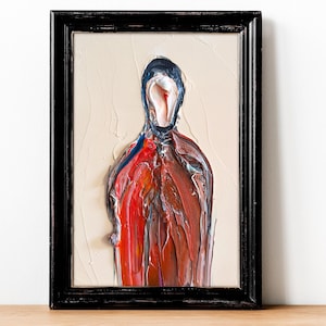 Retrato abstrato homem pintura masculino vermelho moderno retrato surreal texturizado original 4x6" pintura a óleo pessoa alterada pintado à mão belas artes