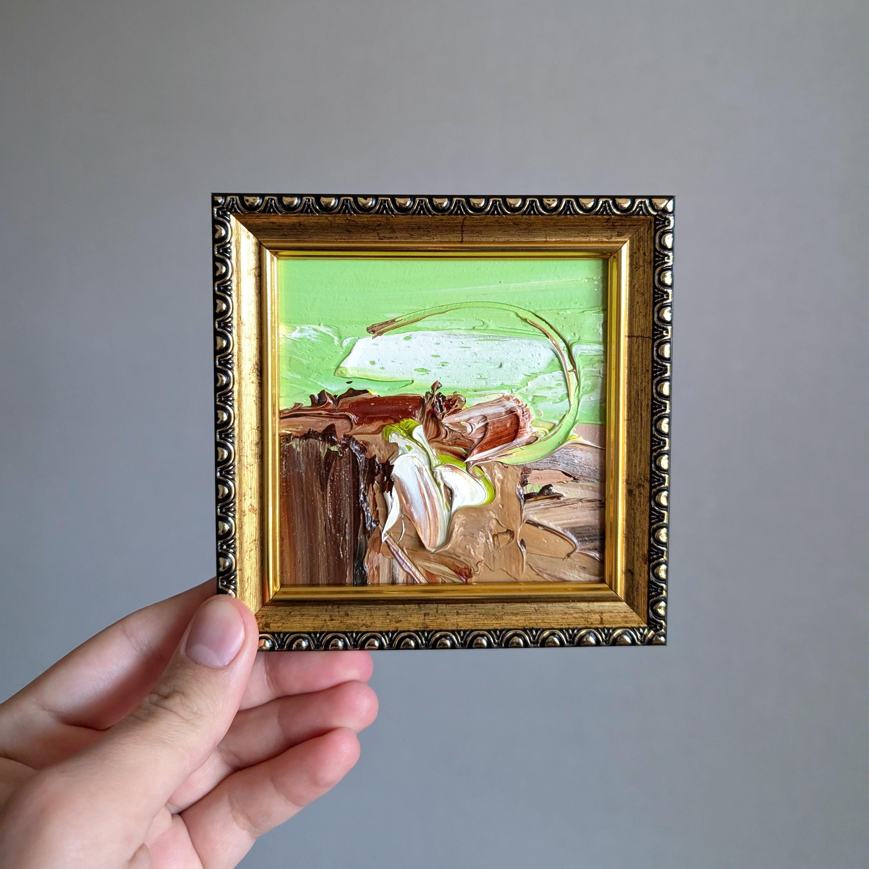 Small Original Abstract Painting Framed Oil Painting Brown Green Art Square Art 5x5" Wall Decor in Dark Gold Frame Textured Tiny Artwork