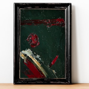 Pintura al óleo abstracta de color verde oscuro y rojo de 4 x 6 pulgadas, verde rifle, abstracta, roja, pintura original contemporánea, arte mural de cartón.
