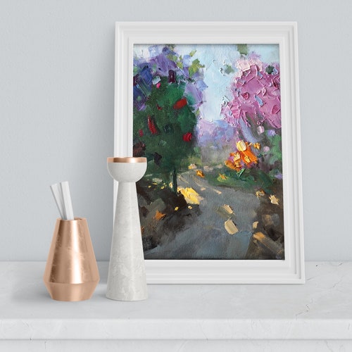 Green Trees Original Oil shops Painting Park Landscape On Canvas Summer Colorful Blooming Yellow Sunshine Rays Path In The NY Park Landscape Art