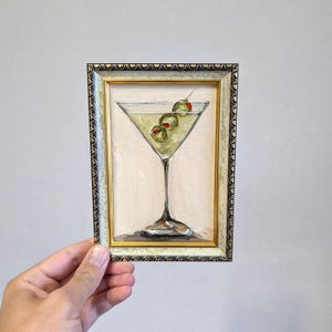 Dirty Martini Art Olive Oil Painting Small Drink Wall Art Small Still Life Original Artwork Martini V Shaped Glass Cocktail Pick Small Decor