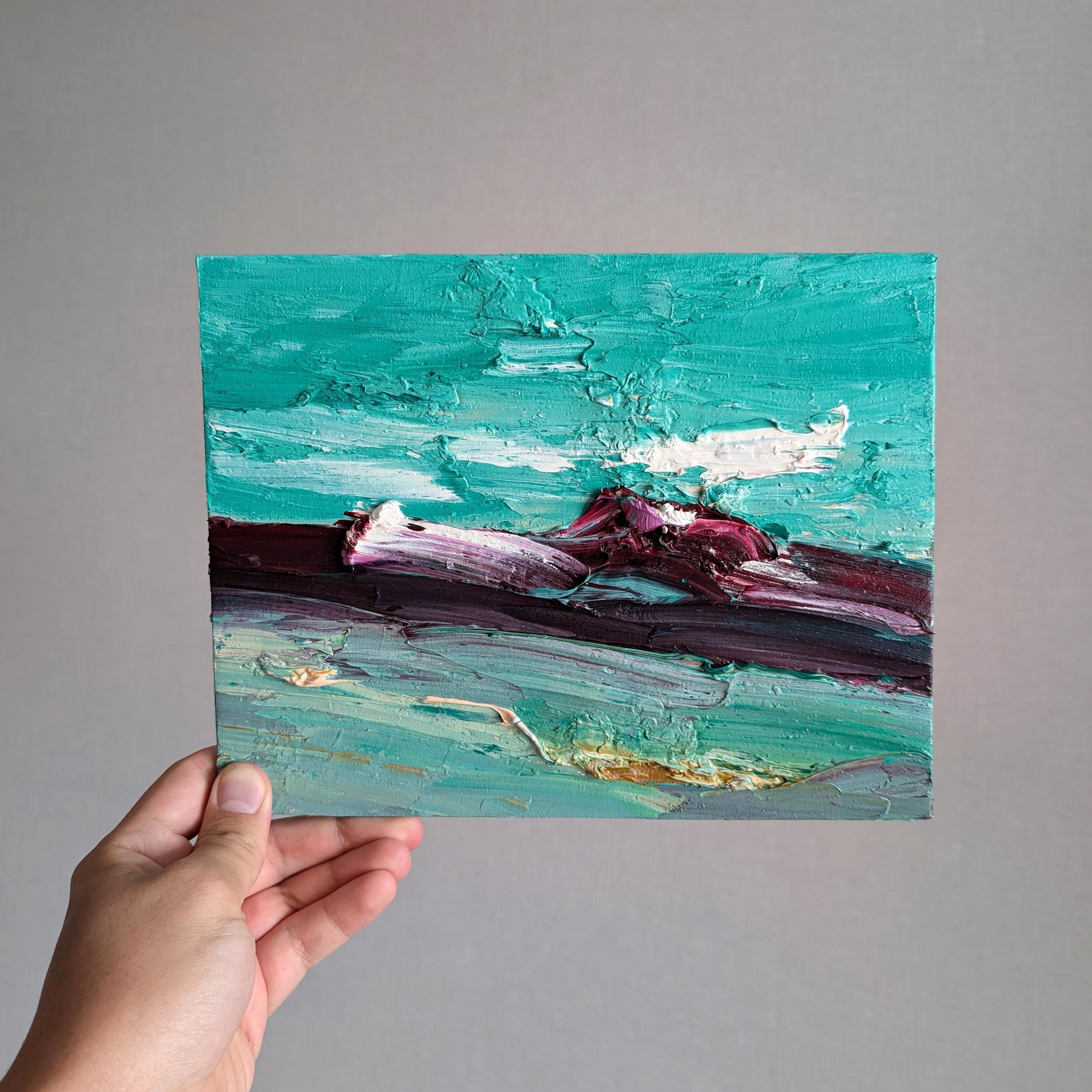 シアンの抽象油絵：厚塗りテクスチャーの風景画 - Etsy 日本