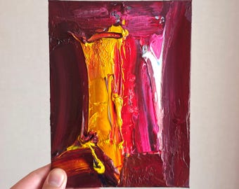 Purple Miniature Abstract Oil Painting: Textured Impasto Art (7.8x5.9 inches)