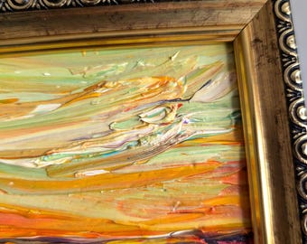 Miniature Mountain Landscape Oil Painting Yellow Sky & Brown