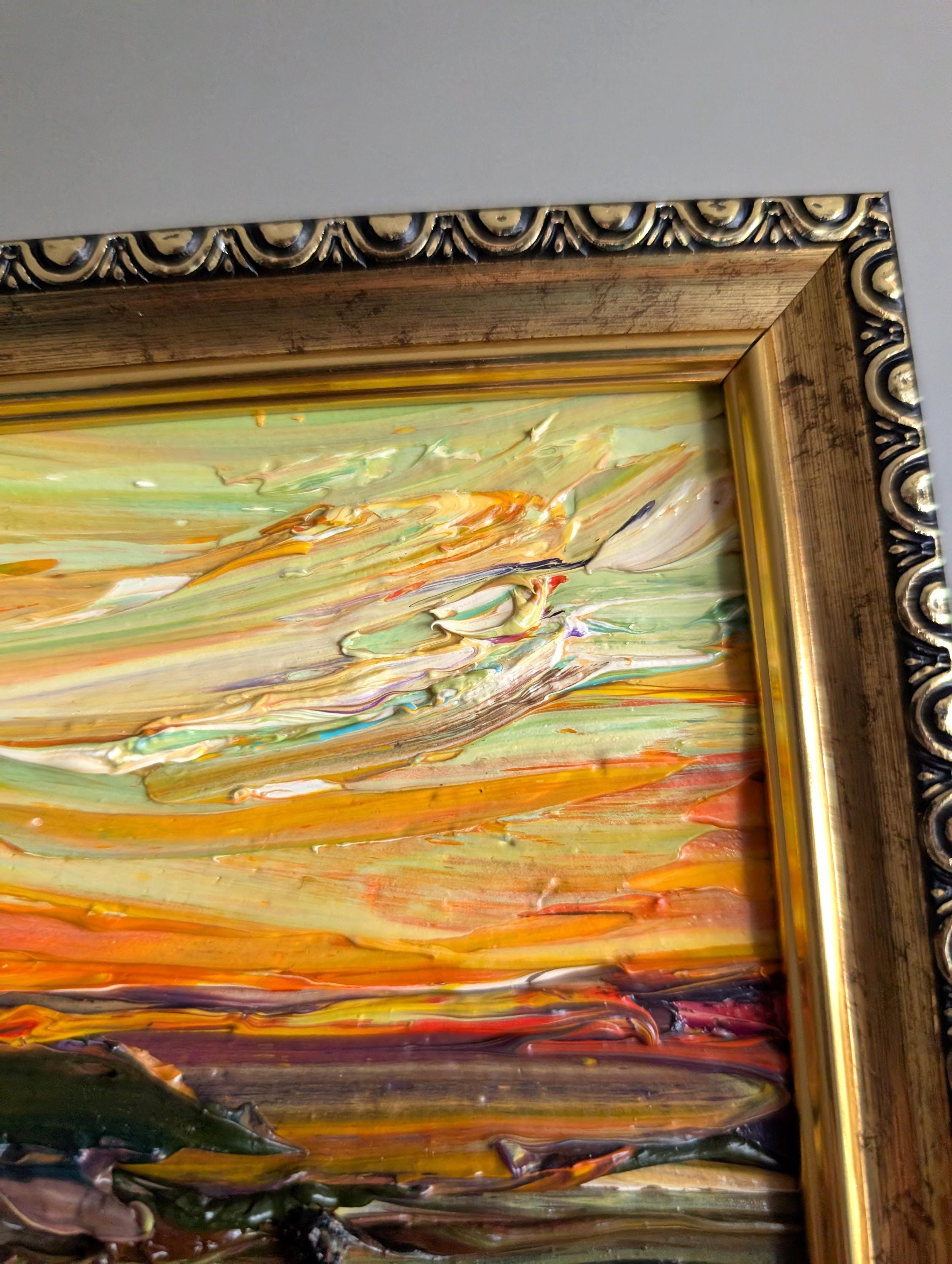 Miniature Mountain Landscape Oil Painting Yellow Sky & Brown