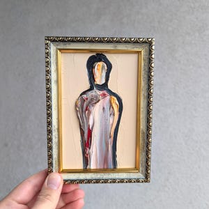 抽象的な顔の油絵：シュールな男性の肖像画、現代アート（9.8x13.7