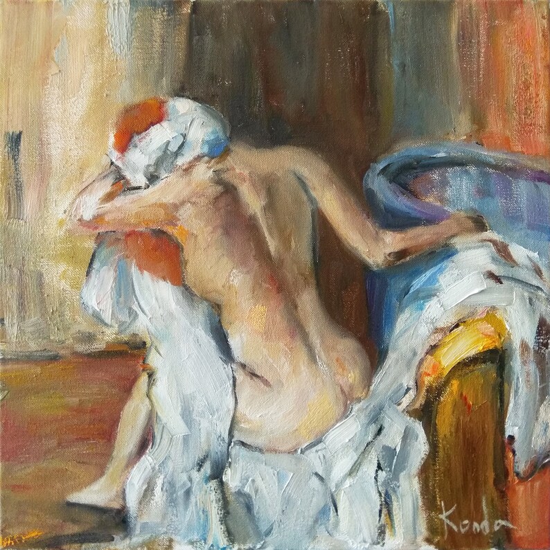 Redhead naked woman oil painting on canvas Nude girl original artwork Boho wall decor Eclectic wall art by Alexander Konda