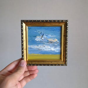 Paisagem do norte da Califórnia, nuvens brancas, miniatura, pintura a óleo, arte paisagística emoldurada, céu enorme, vista do estado dourado emoldurada