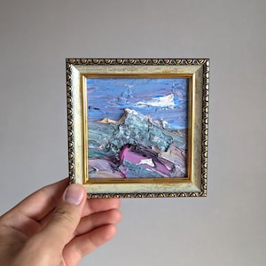 Miniature Art 4x4 Textured Oil Painting Tiny Gray Abstract Textured Small Decor Cute Wall Art Grey Framed Colorful Paint Mess Impasto Art
