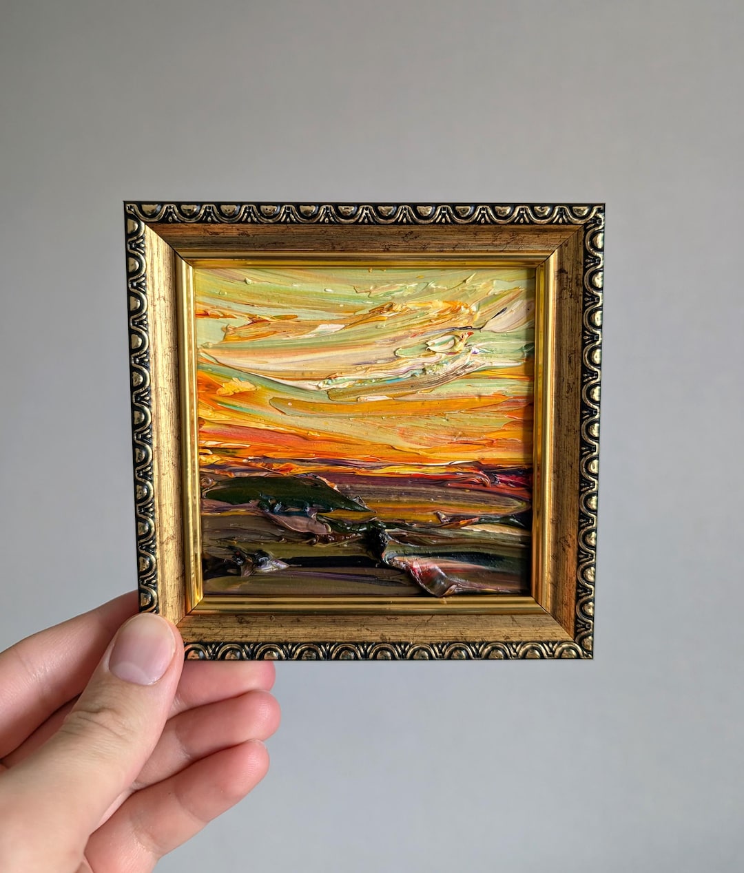 Miniature Mountain Landscape Oil Painting Yellow Sky & Brown