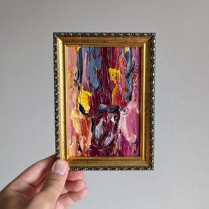Textured Abstract Original Oil Painting In Frame Dark Red Framed 4x6&quot; Wall Art Small Royal Gold Modern Decor Contemporary Colorful Art