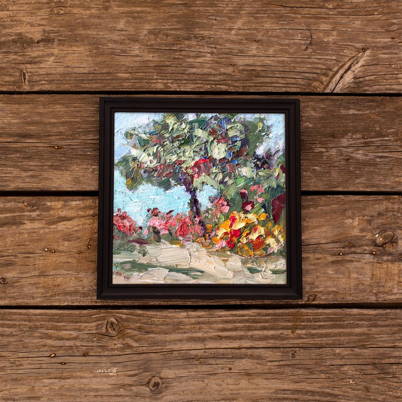 Flowers Tuscany Abstract Oil Painting Wall Art Unframed Cardboard Red Flower Square Painting Italy Provance Landscape Small Artwork Blue Sky