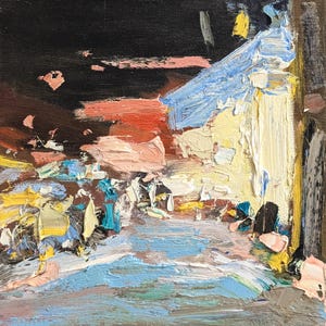Dipinto a olio di paesaggio urbano francese: Street art notturna astratta, 8x8 pollici